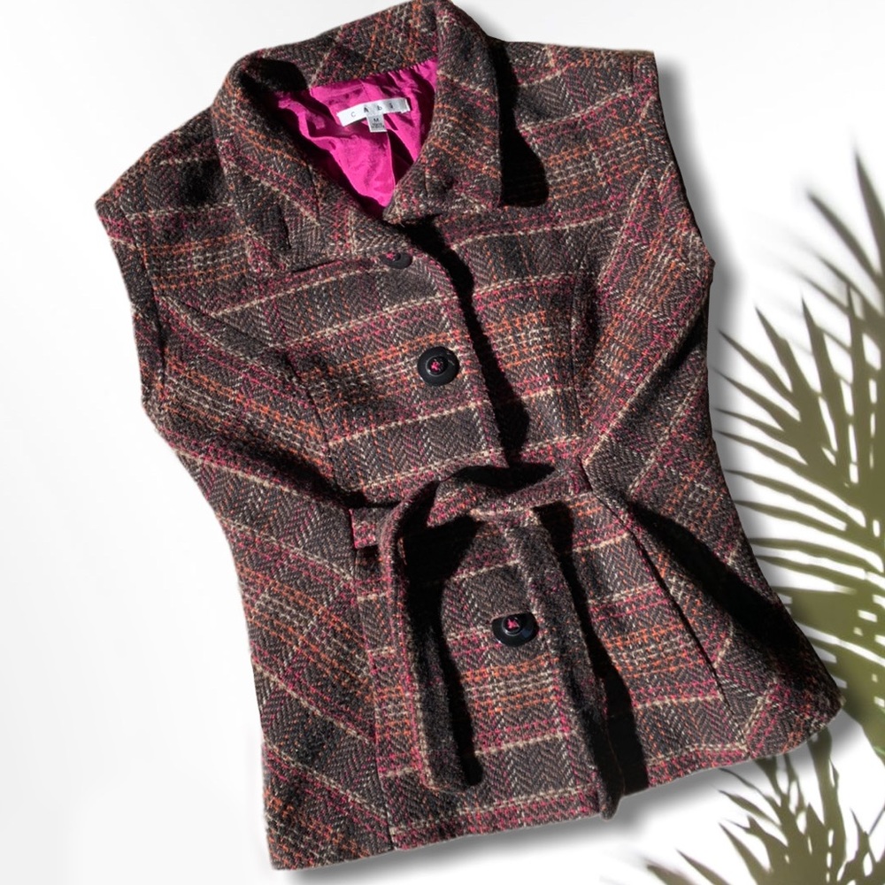 CAbi Wool Tweed Plaid Tie Brown Short Sleeve Vest
